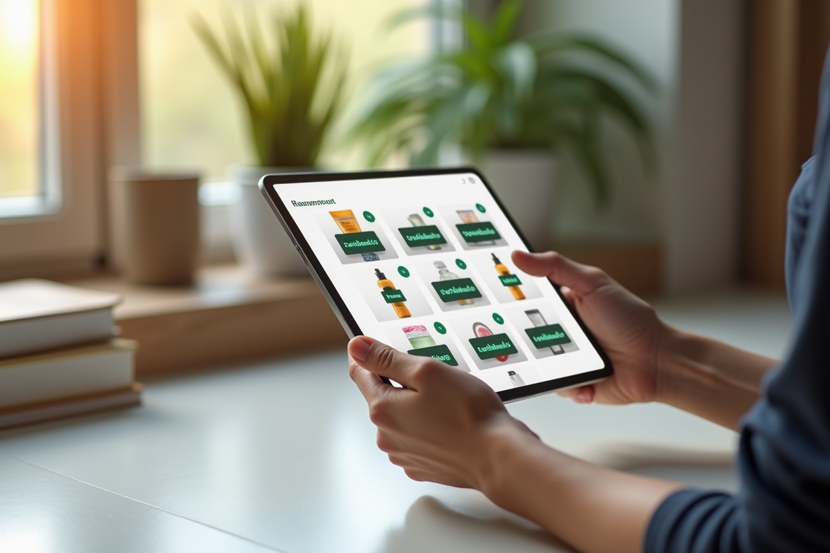 Mains tenant une tablette avec produits essentiels et labels verts
