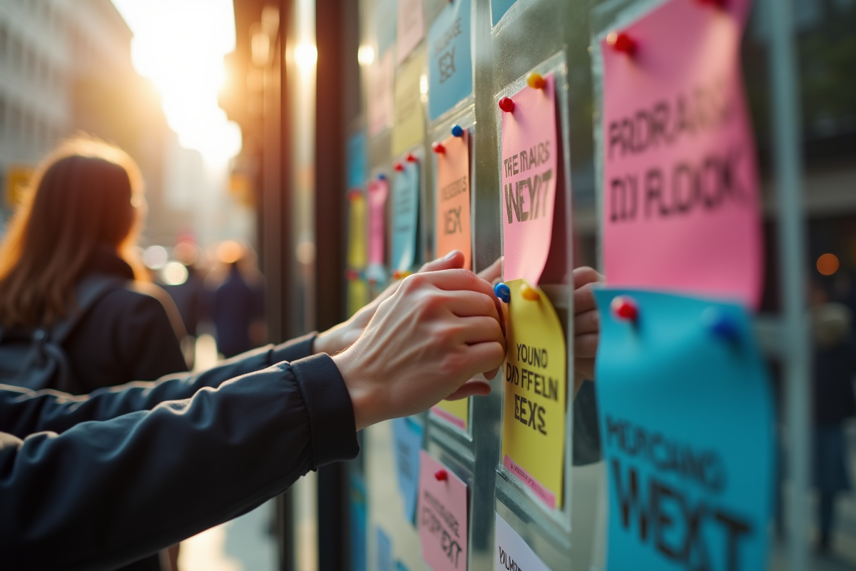 Mains pinçant des affiches de sensibilisation sur un tableau en ville