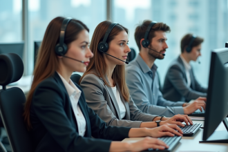 Trois agents de service client au bureau moderne