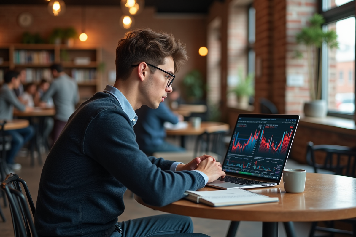 Jeune analyste examine des graphiques de marché dans un café