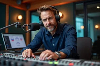 Producteur radio en studio ajustant les faders