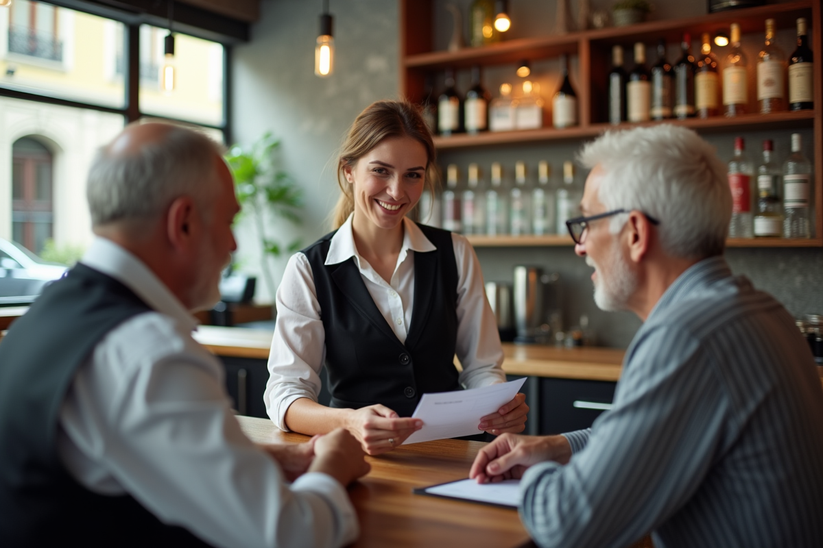 Jeune femme barman montre un document à un couple dans un bar lumineux