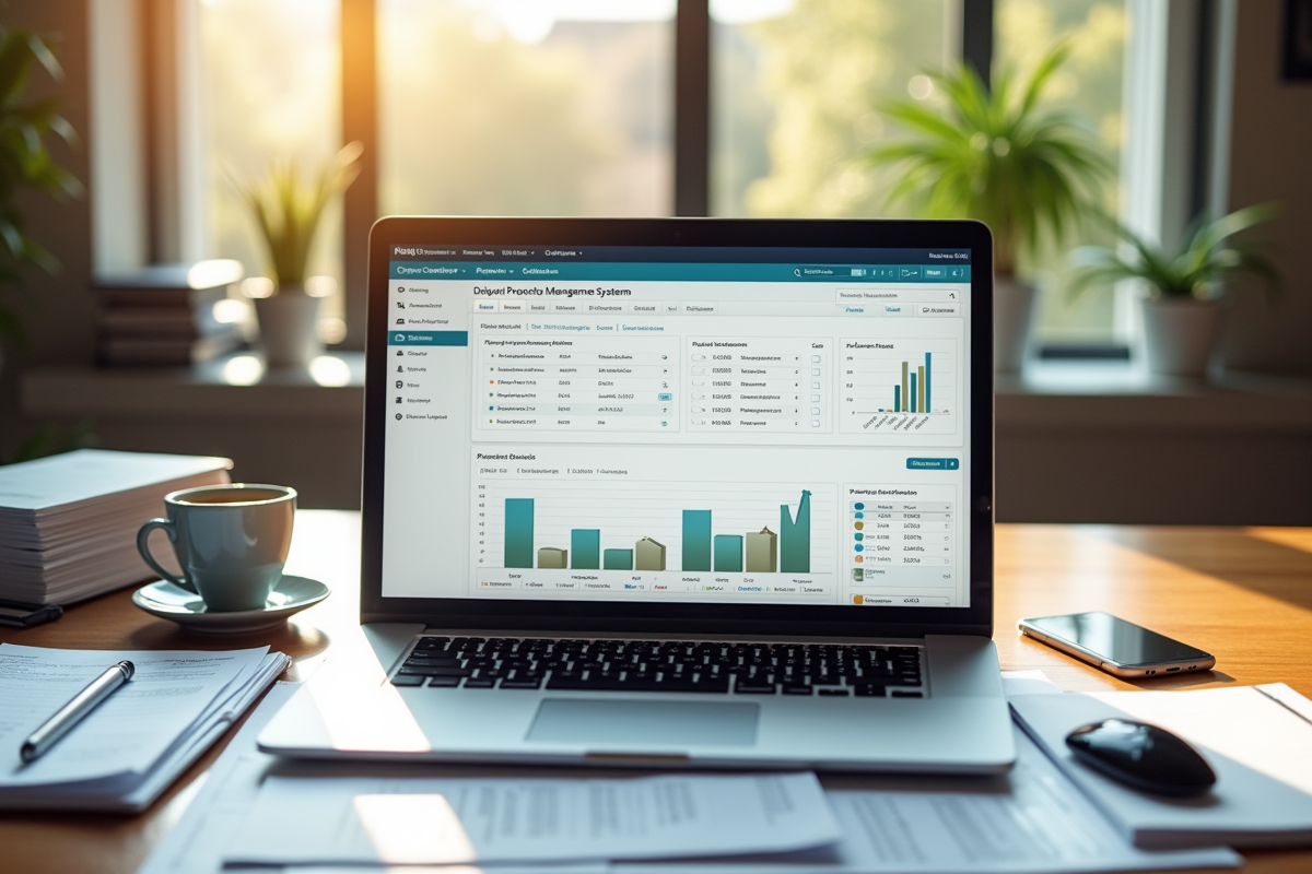 Ordinateur portable avec système de gestion hôtelière dans un bureau lumineux