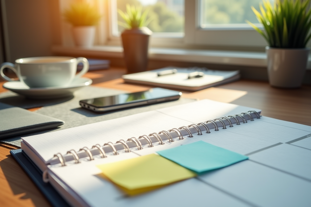 Bureau bien organisé avec planner et tasse de cafe