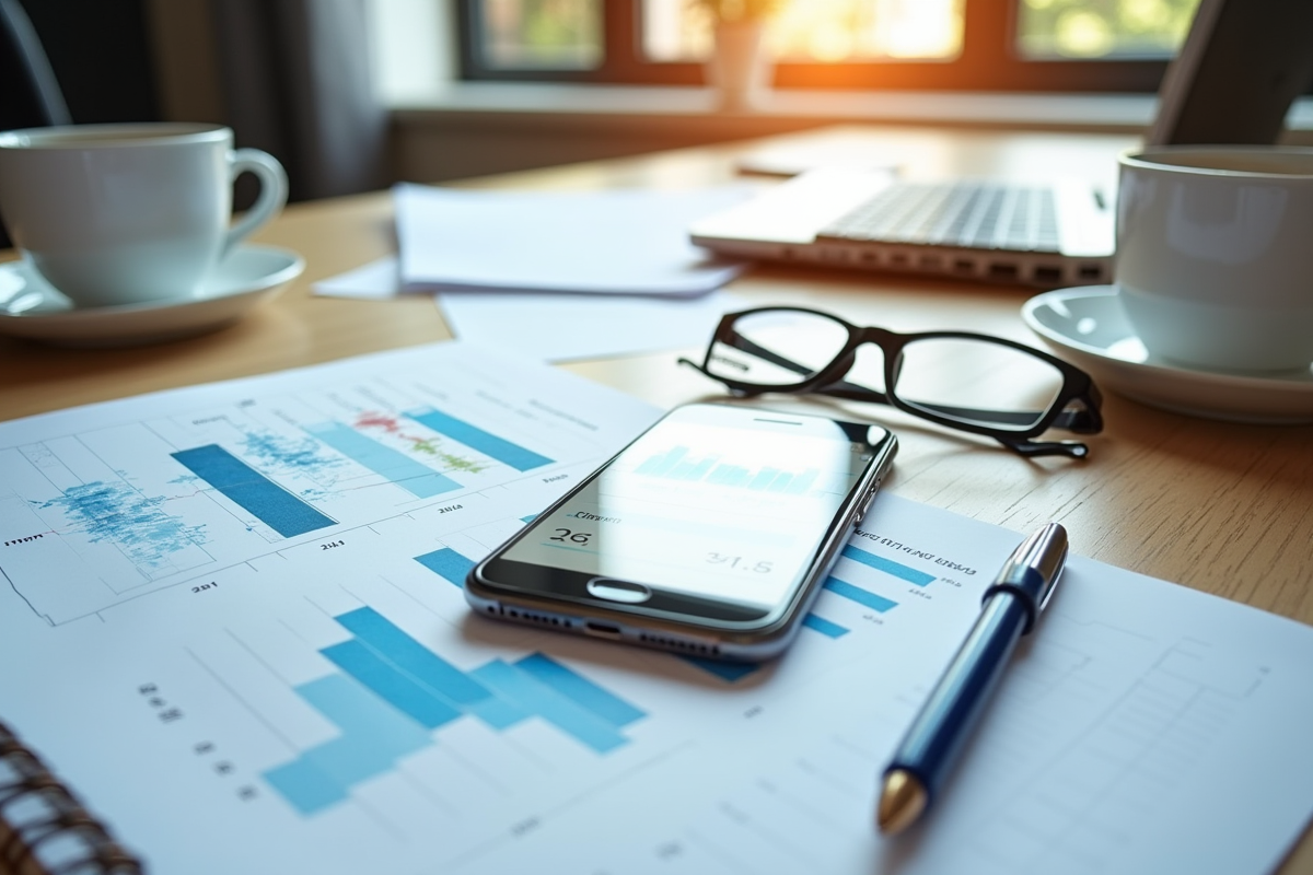 Espace de travail avec graphiques CRM et accessoires
