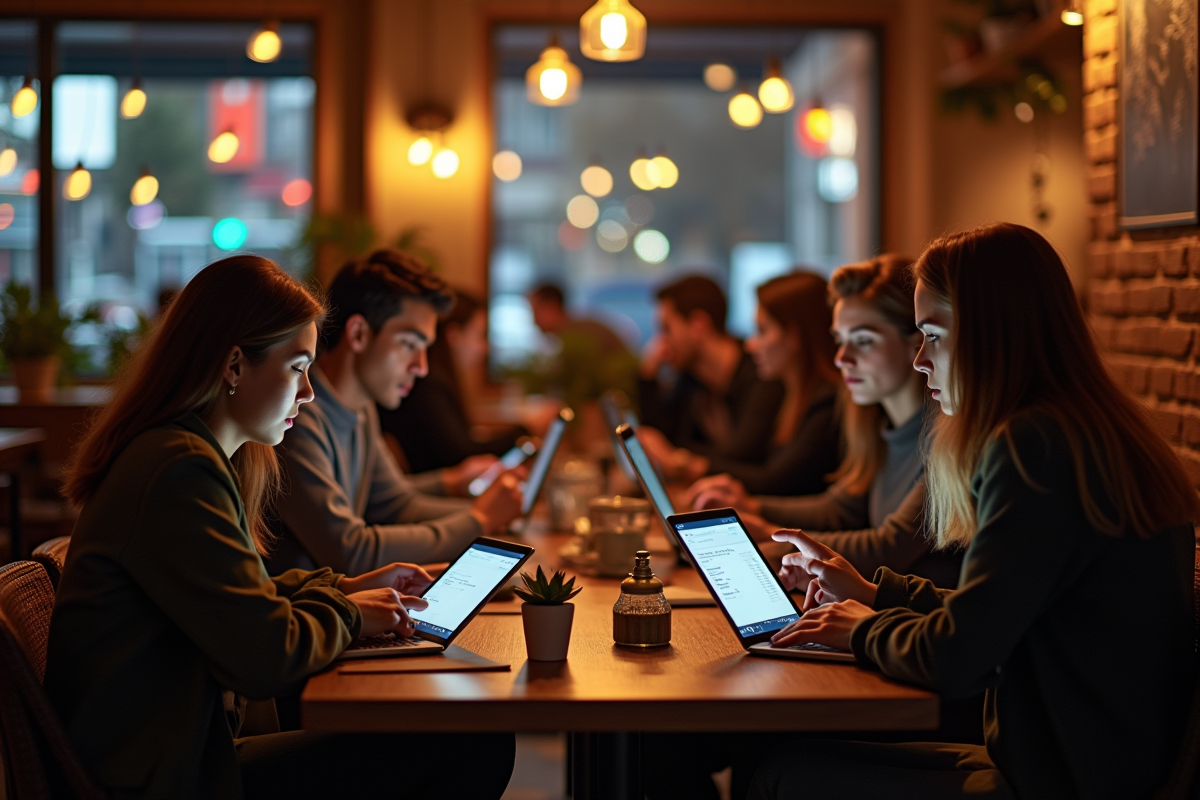 Café animé en soirée avec jeunes professionnels utilisant tablettes et ordinateurs