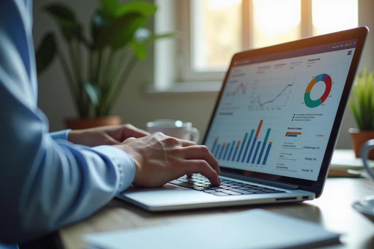 Mains tapant sur un ordinateur portable avec graphiques ERP