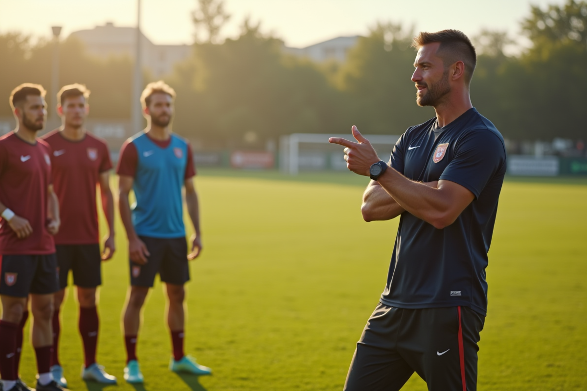 Coach donnant des instructions sur un terrain de sport au matin