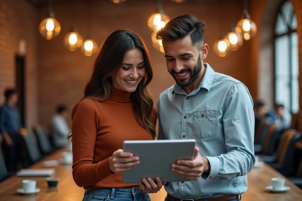 Deux collègues collaborant sur une stratégie de tunnel de vente avec un outil IA dans un espace de coworking