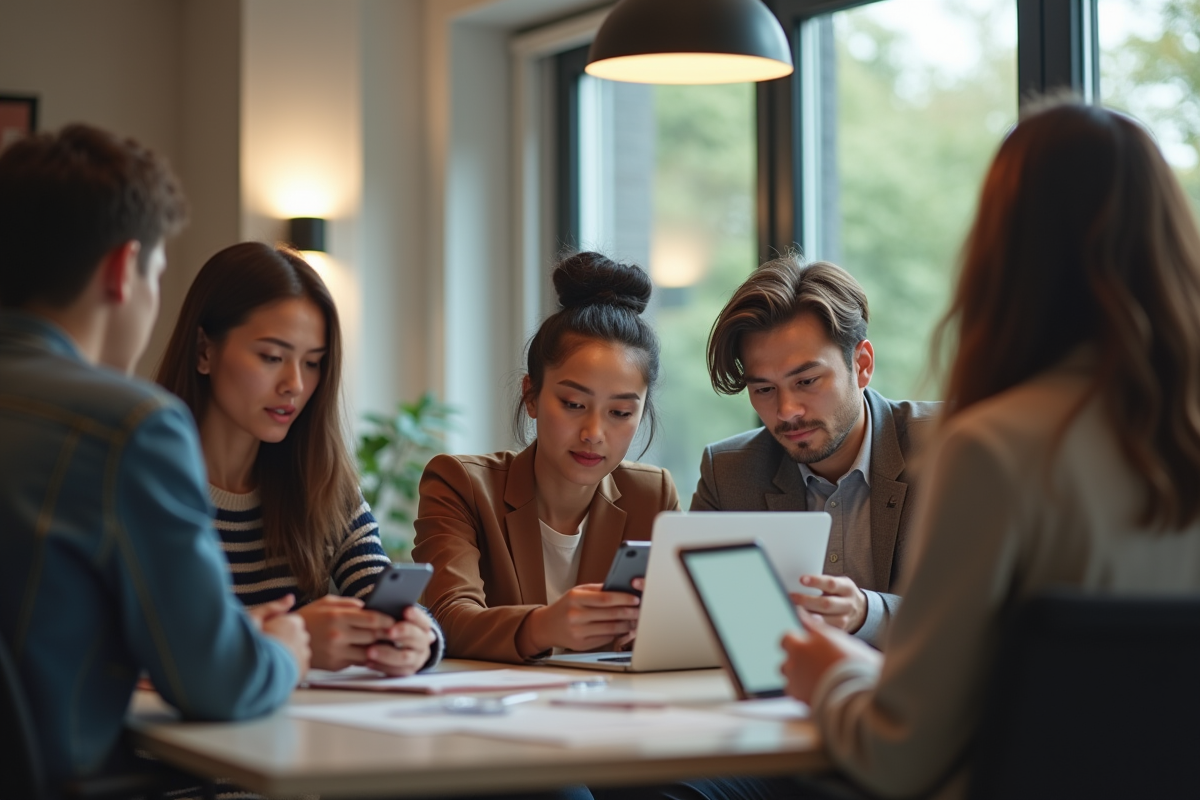 Groupe de collègues divers dans un espace de travail ouvert et lumineux