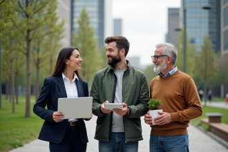 Trois adultes discutent en extérieur avec objets durables