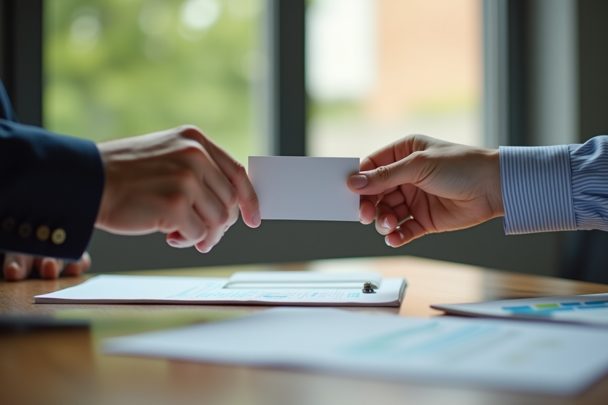 Echange de cartes de visite entre deux mains sur un bureau