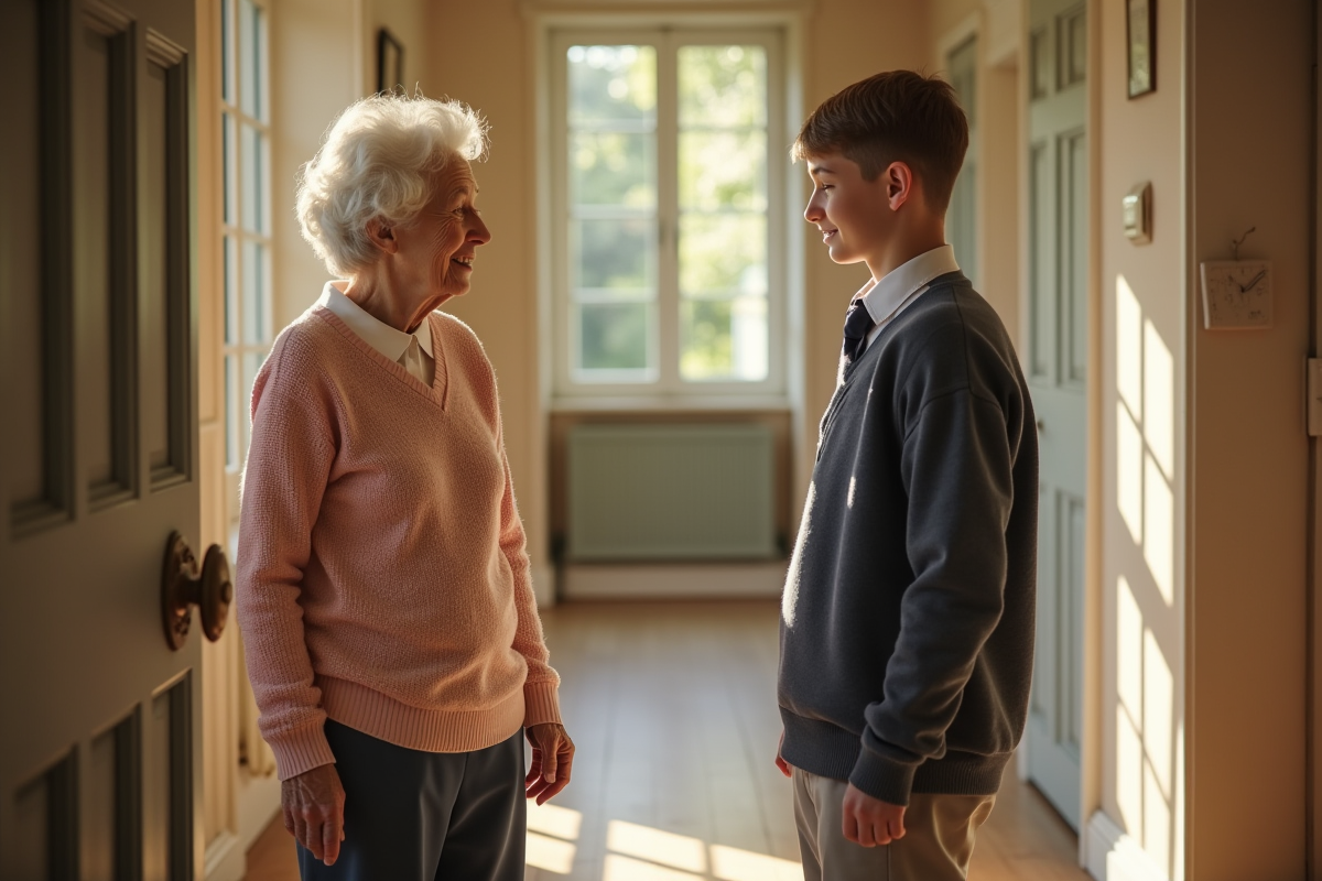 Une femme âgée et un adolescent se croisant dans un couloir ensoleille