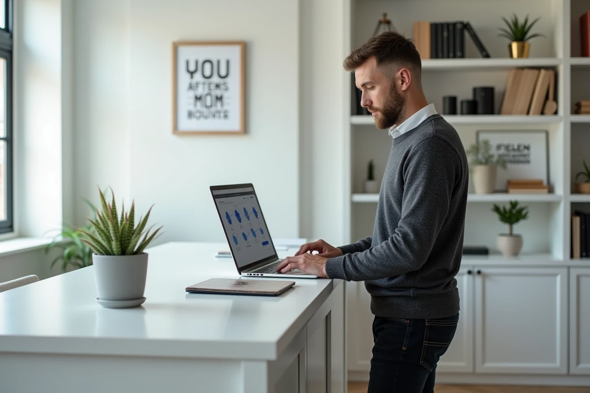 Entrepreneur masculin utilisant un outil IA pour automatiser son tunnel de vente depuis son bureau à domicile