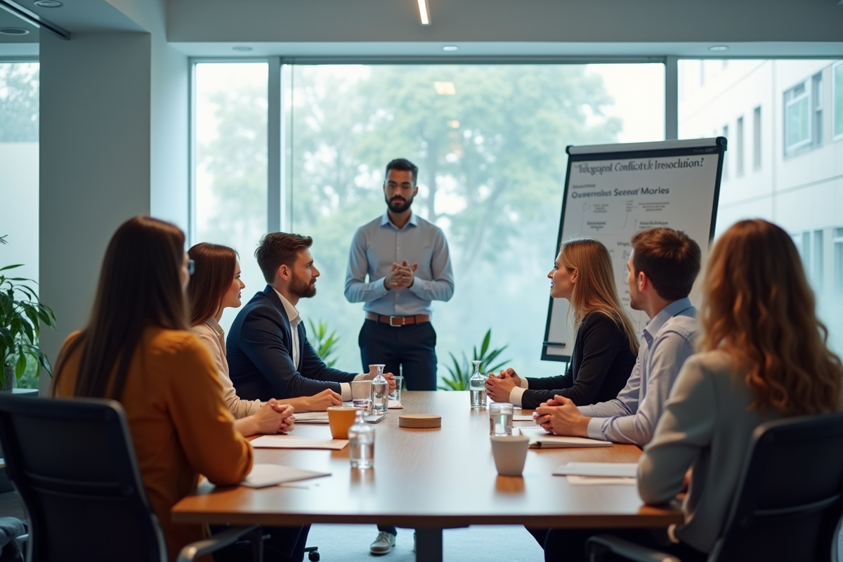 Groupe diversifié en discussion dans une salle lumineuse