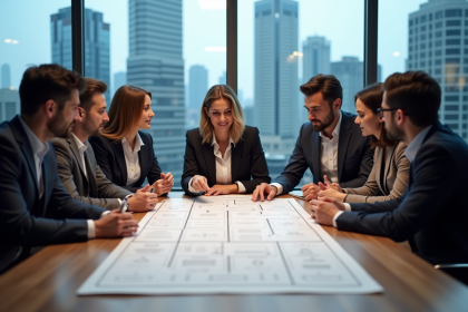 Groupe de professionnels analysant un Business Model Canvas