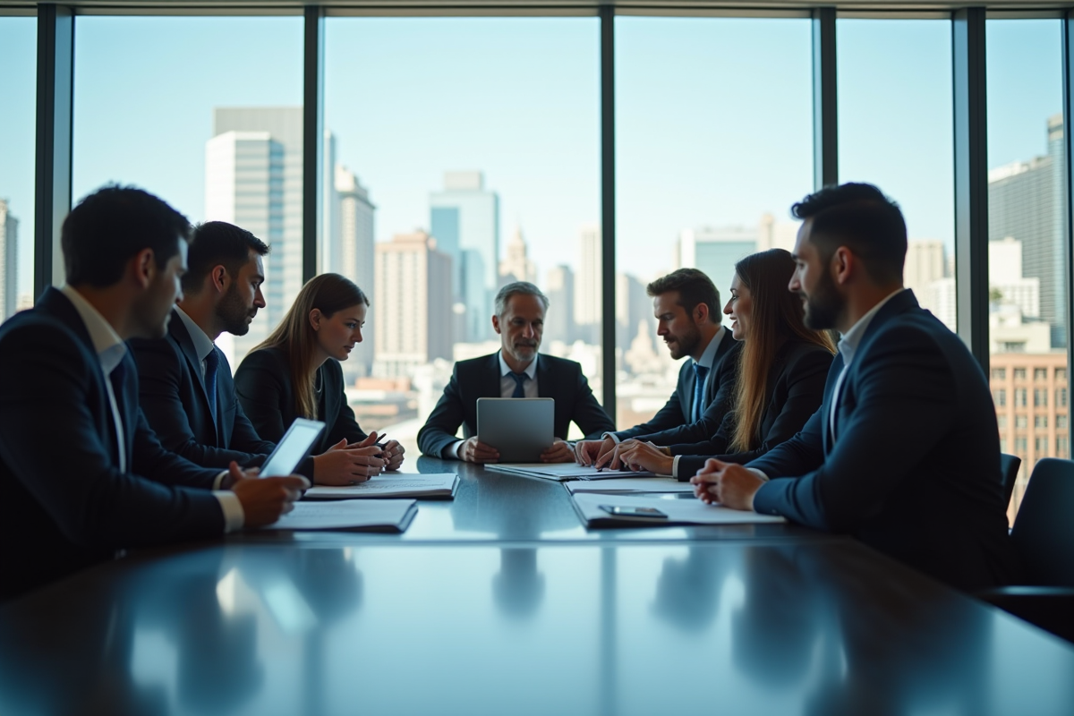 Equipe diverse en réunion dans un bureau lumineux