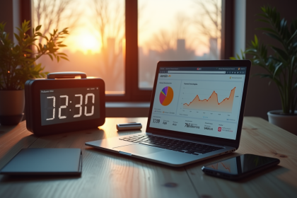 Espace de travail moderne au lever du soleil avec ordinateur et montre