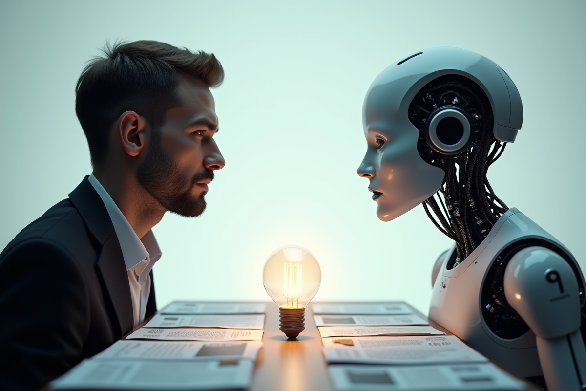 Visages humain et intelligence artificielle face a face sur une table