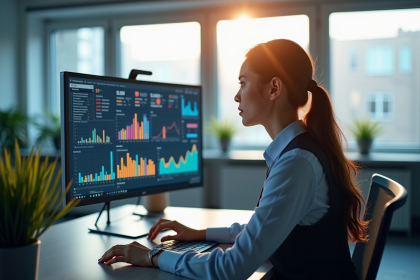 Femme d'affaires analysant des graphiques colorés dans un bureau lumineux