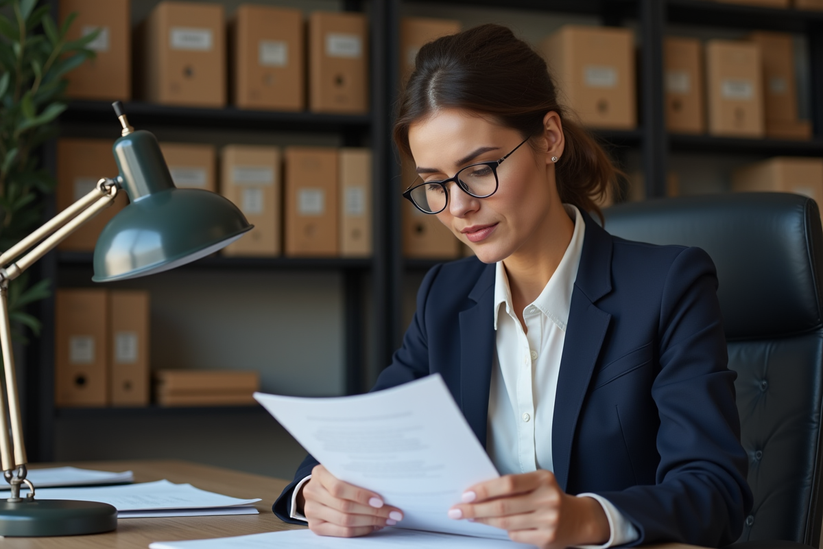 Femme d'affaires en bureau lisant un document juridique