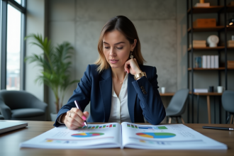 Femme d'affaires en costume bleu examine des graphiques