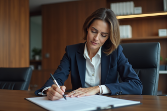 Femme d'affaires en blazer navy remplissant un document