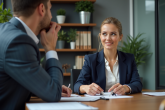 Femme d'affaires en réunion avec clés et dossier