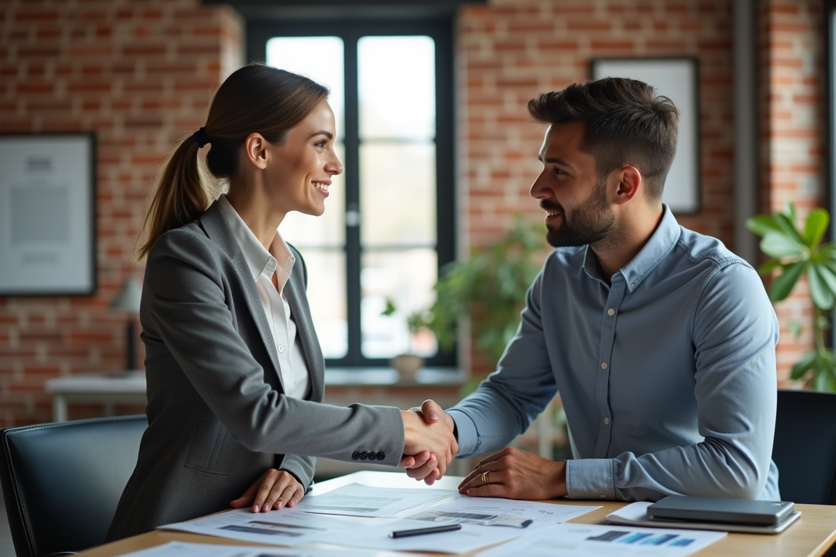 Femme d affaires serrant la main d un jeune homme dans un bureau