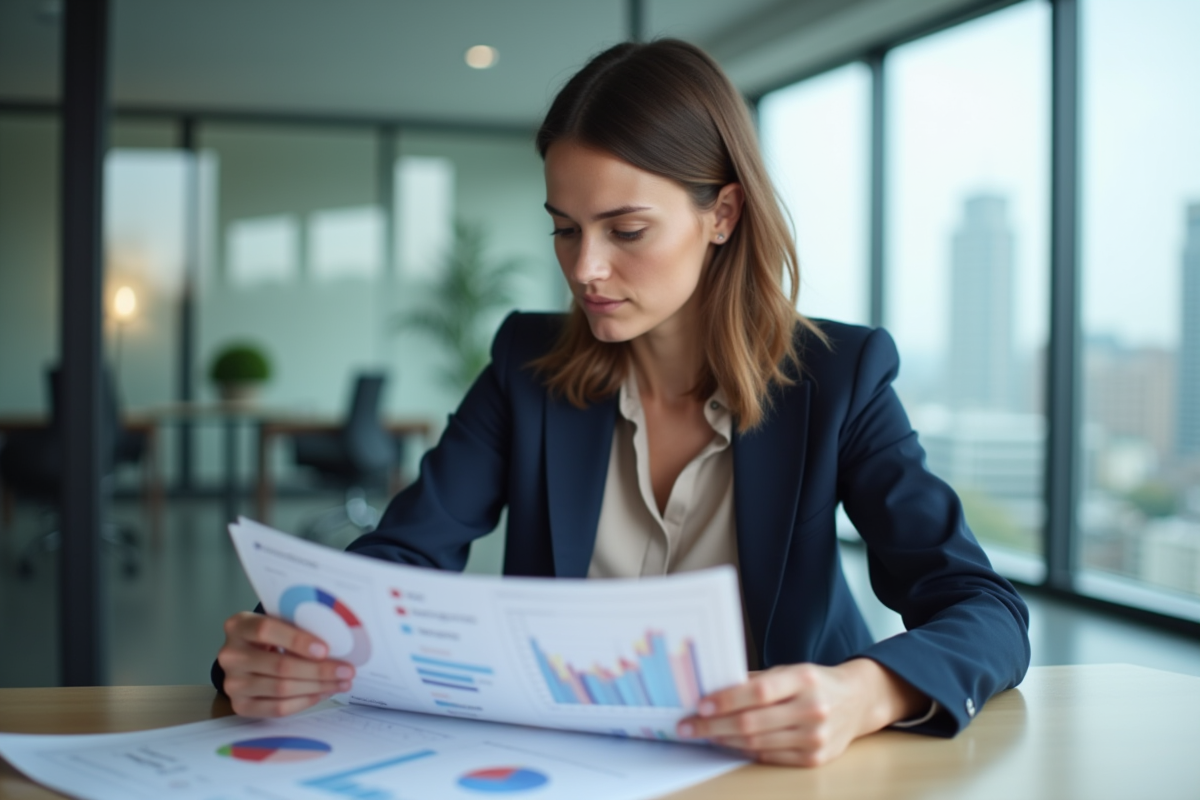 Femme en blazer analysant des graphiques marketing dans un bureau moderne