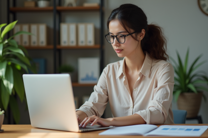 Jeune femme analysant des donn&eacute;es SEO sur un ordinateur portable