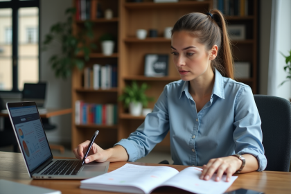 Femme concentrée analysant des rapports web dans un bureau moderne