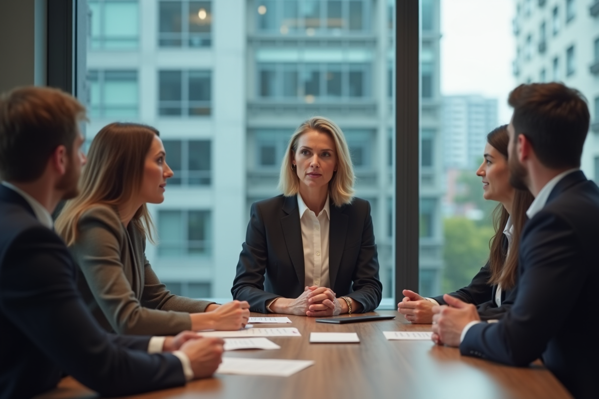 Femme en réunion d'affaires avec équipe au bureau