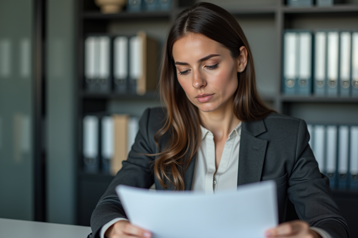 Femme d affaires examinant un document dans un bureau moderne