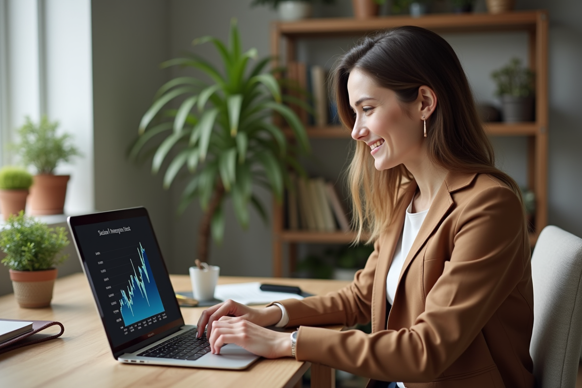 Jeune femme souriante travaillant sur un ordinateur dans un bureau moderne