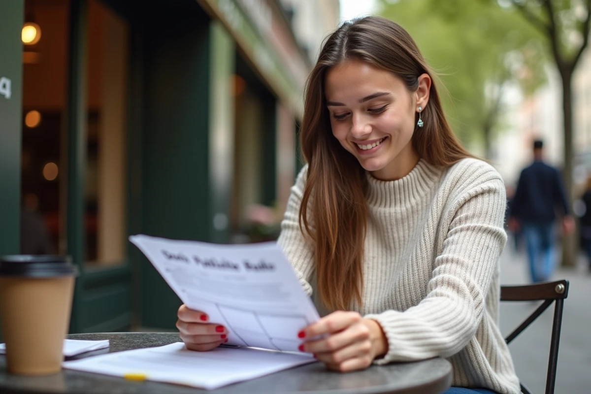 Jeune femme au café à Paris examinant un devis radio