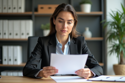 Femme d'affaires examine un contrat dans un bureau moderne