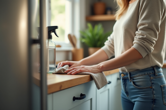 Femme nettoyant une poignée de porte de cuisine