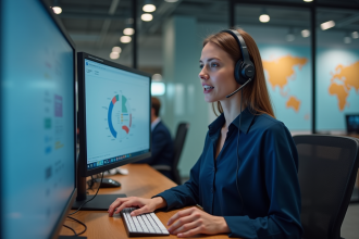 Jeune femme professionnelle au bureau avec écrans et carte du monde