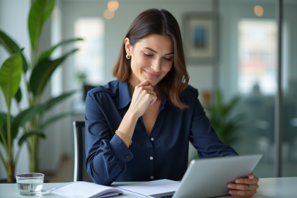 Femme professionnelle en bureau moderne avec tablette