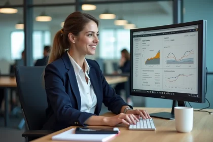 Femme professionnelle analysant un tunnel de vente sur un écran dans un bureau moderne avec outils IA