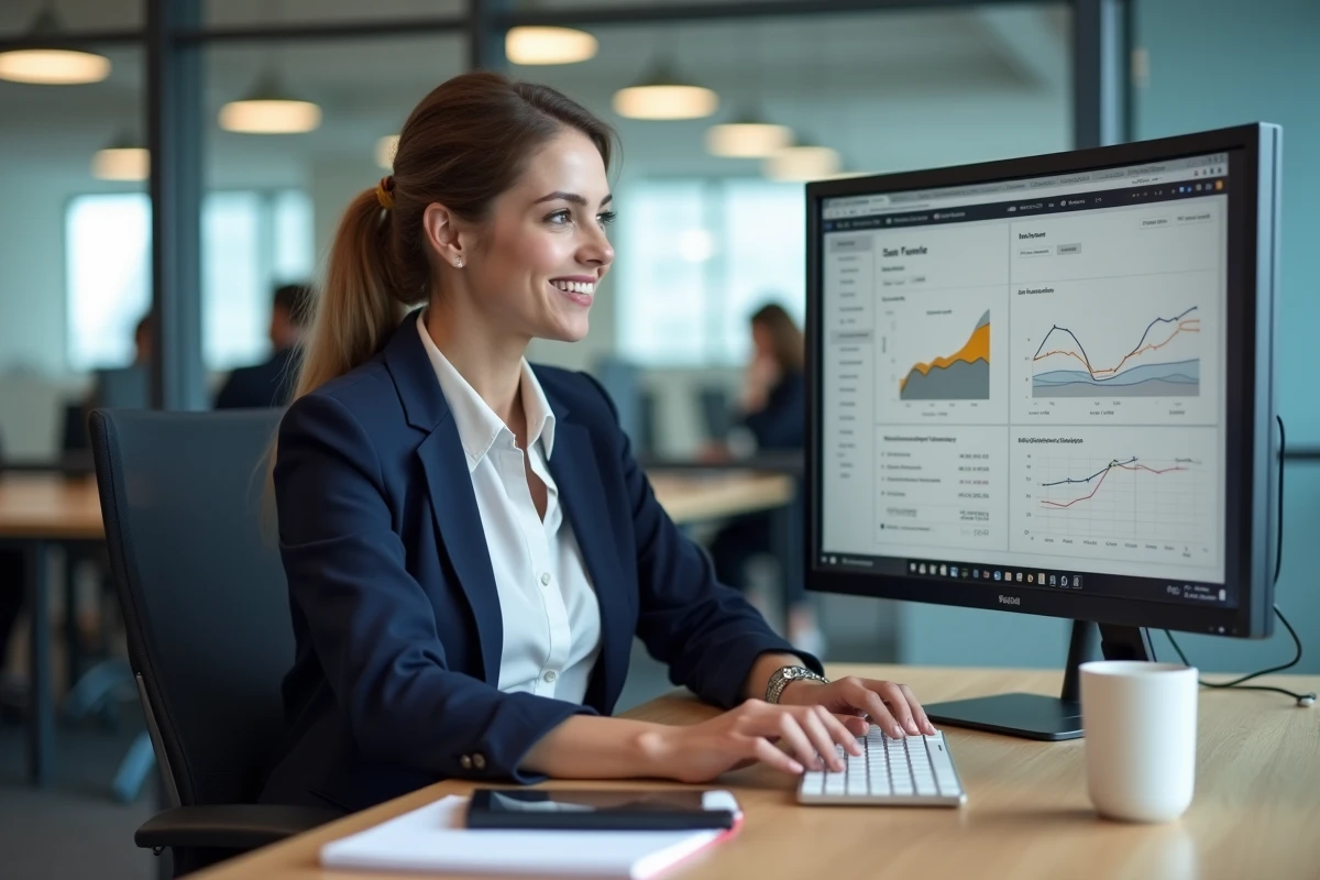 Femme professionnelle analysant un tunnel de vente sur un écran dans un bureau moderne avec outils IA