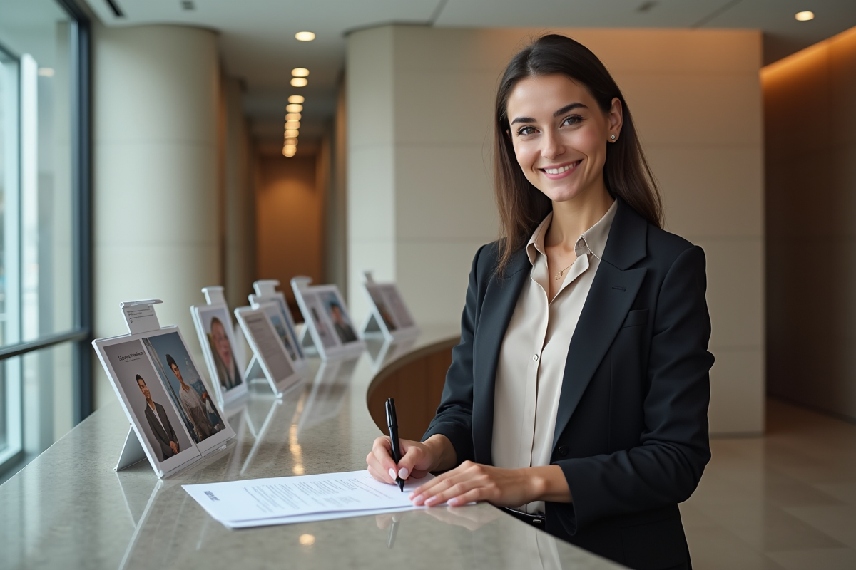 Jeune femme signant un formulaire à la réception