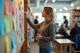 Femme écrivant un message de soutien sur un mur communautaire