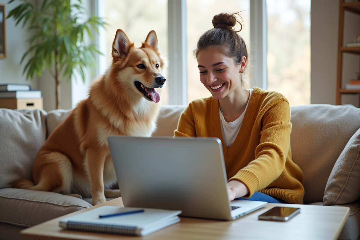 Jeune femme travaillant sur son ordinateur avec son chien