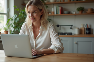 Femme assise à la cuisine avec ordinateur portable