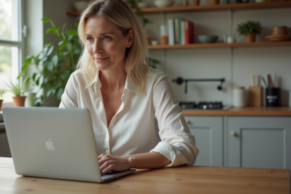 Femme assise à la cuisine avec ordinateur portable