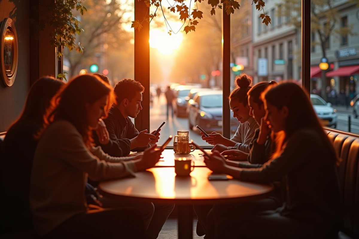Groupe diversifié dans un café dynamique utilisant leurs appareils