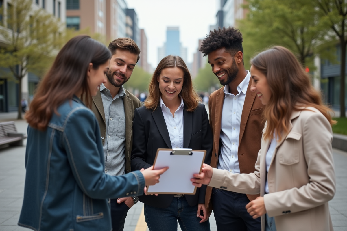 Groupe divers de jeunes discutant en extérieur en ville