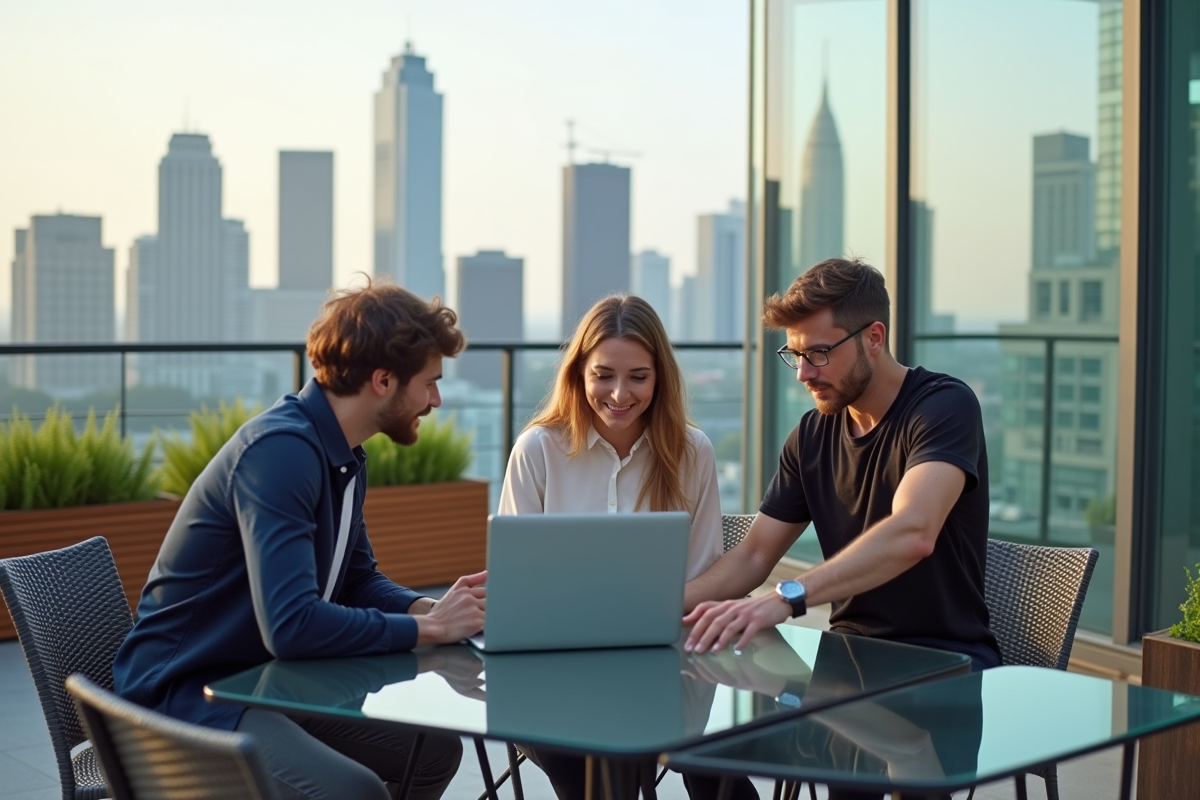 Jeunes professionnels discutant sur un rooftop en extérieur